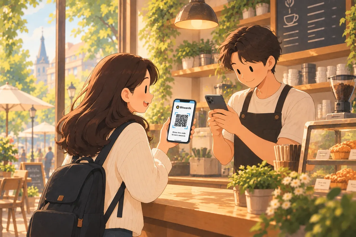 A customer shows a Bitwards code on her phone while a café barista scans it