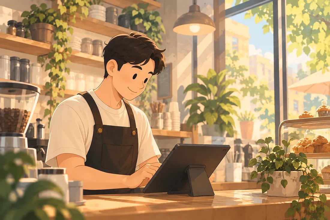 Illustration of a café owner smiling at a tablet behind the counter